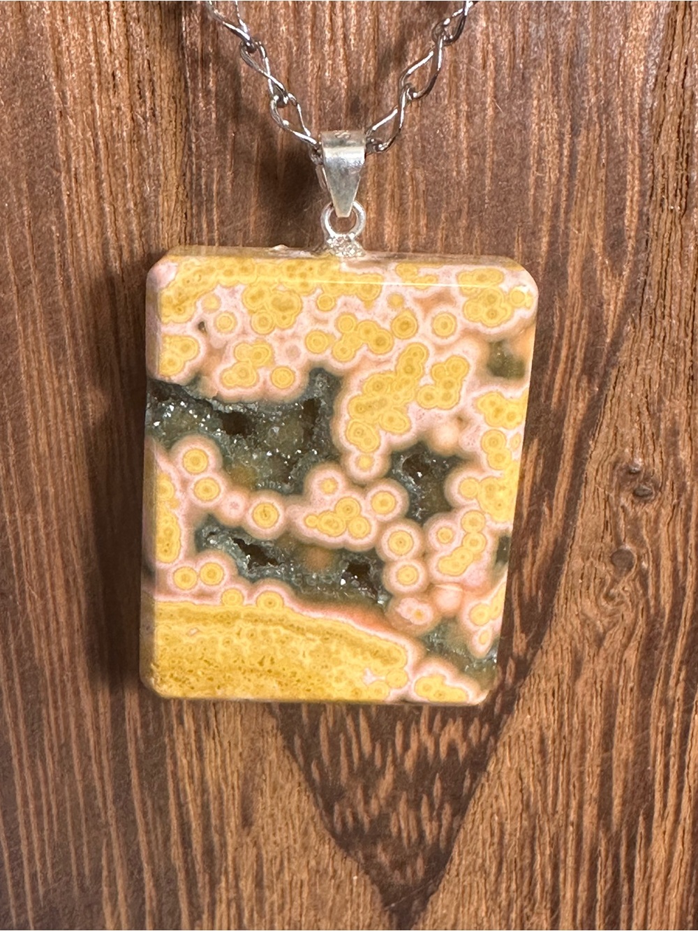 Yellow and Black Druzy Ocean Jasper Pendant Necklace on Stainless Steel Chain - Picture 7 of 16